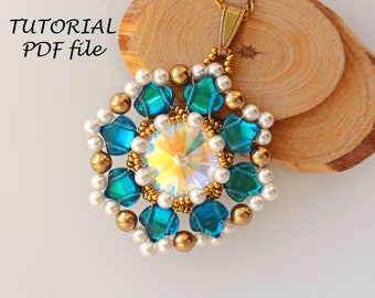 Beaded pendant tutorial, Beading tutorial & pattern pendant, Beadwork tutorial ~Rivoli 16 mm, Ginko~ Jewelry tutorial, Pendant pattern Sunny