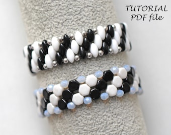 Tutorial en PDF para hacer pulseras de cuentas con patrón Honeycomb IrisDuo, instrucciones para tejer con cuentas en blanco y negro, joyería para principiantes con dos agujas, diseño monocromático de cebra.