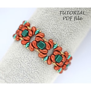 May include: A beaded bracelet with a copper and green color scheme. The bracelet is made with small, teardrop-shaped beads and square beads. The text "TUTORIAL PDF file" is visible in the image.