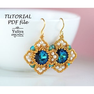 Beading tutorial, Rivoli earring tutorial, Beaded earring tutorial, Earrings pattern, Swarovski Cushion Square, Bead pattern earrings Karina