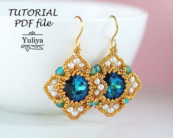 Beading tutorial, Rivoli earring tutorial, Beaded earring tutorial, Earrings pattern, Swarovski Cushion Square, Bead pattern earrings Karina