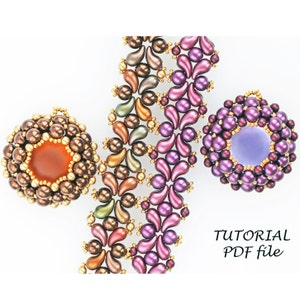 Könnte beinhalten: Nahaufnahme einer Perlenkette mit einem floralen Muster in den Farben Lila, Braun und Gold. Zwei kleinere Perlenkreise mit einem zentralen Stein sind ebenfalls zu sehen. Der Text "TUTORIAL PDF file" ist in der rechten unteren Ecke sichtbar.