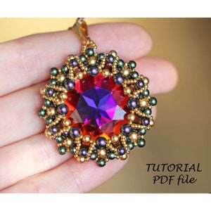Beaded Pendant Pattern Jewelry Tutorial with Swarovski 27 mm Rivoli Beadwork Instructions DIY Handmade Design Elegant Pendant Sirius PDF