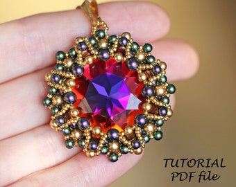 Beaded Pendant Pattern Jewelry Tutorial with Swarovski 27 mm Rivoli Beadwork Instructions DIY Handmade Design Elegant Pendant Sirius PDF