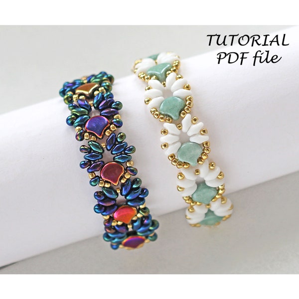 Beaded bracelet tutorial, Simple bead pattern, Bracelet pattern, Beadwork pattern; Ginko, SuperDuo bead~Bead weaving tutorial bracelet Flora