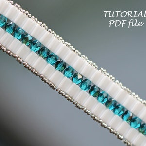 May include: A close-up of a white beaded bracelet with two rows of turquoise blue beads. The bracelet is made with seed beads and has a silver edging. The text "TUTORIAL PDF file" is visible in the background.