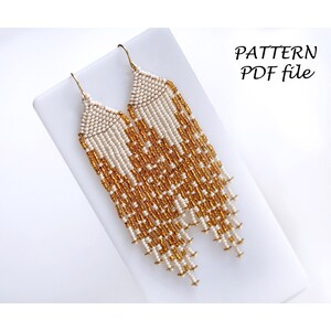 Pattern boho earrings, Fringe earrings pattern, Brick stitch earrings pattern, White beaded earrings pattern, Pattern long earrings B7WJS