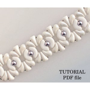 May include: White and grey beaded bracelet with silver beads. The bracelet is made with a repeating pattern of flower shapes.  TUTORIAL PDF file.