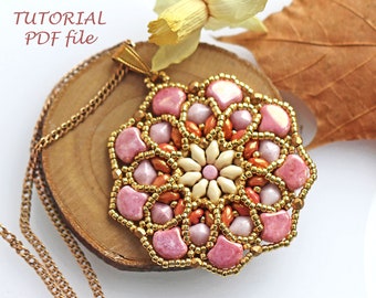 Tutorial de abalorios para colgante, patrón de cuentas checas, instrucciones de joyería DIY, diseño de colgante de cuentas hecho a mano, plantilla de tejido de cuentas Rosalinda PDF