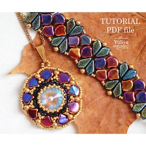 May include: A beaded jewellery set comprising a pendant necklace and bracelet. The pendant is circular with a large, iridescent crystal centre, surrounded by blue and red beads. The bracelet has a floral design with similar colours. The text "TUTORIAL PDF file" is visible.