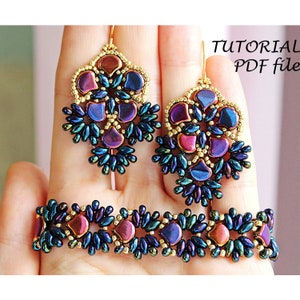 Beaded Jewelry Set Tutorial Bracelet Earrings Pattern with Ginko SuperDuo Beads DIY Jewelry Design Beading Instructions PDF Flora