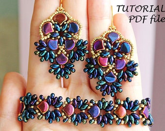 Beaded Jewelry Set Tutorial Bracelet Earrings Pattern with Ginko SuperDuo Beads DIY Jewelry Design Beading Instructions PDF Flora