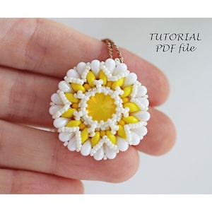 Beading Tutorial Pendant Flower Pattern DropDuo SuperDuo Rivoli Swarovski SS47 Jewelry Design Beadwork Instruction PDF Chamomile