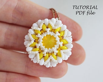 Beading tutorial pendant, Flower pendant pattern ~ Beading pattern ~DropDuo, SuperDuo ~ Rivoli Swarovski ss47, Bead rivoli pattern Chamomile