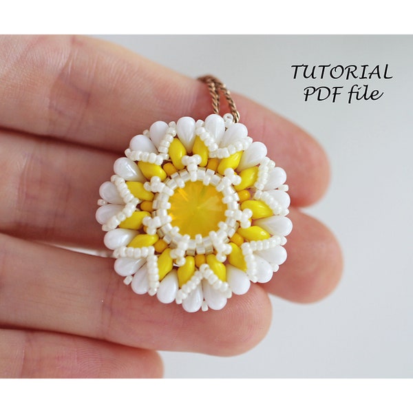 Beading tutorial pendant, Flower pendant pattern ~ Beading pattern ~DropDuo, SuperDuo ~ Rivoli Swarovski ss47, Bead rivoli pattern Chamomile