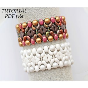 May include: Two beaded bracelets, one with brown, gold, and pink beads, and the other with white beads. The bracelets are stacked on top of each other and are on a gray surface. The text "TUTORIAL PDF file" is in the top left corner of the image.