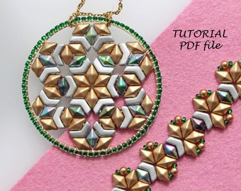 May include: A handmade jewelry set featuring a pendant necklace and bracelet. The pendant is a gold and silver starburst design with green accents, suspended from a gold chain. The bracelet mirrors the starburst pattern. The text "TUTORIAL PDF file" is visible.