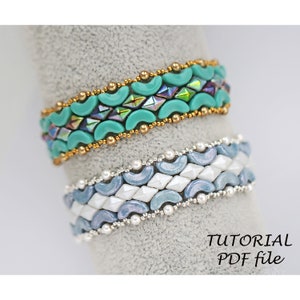 May include: Two beaded bracelets, one turquoise and gold, the other white and silver, with a white background and the text "TUTORIAL PDF file".