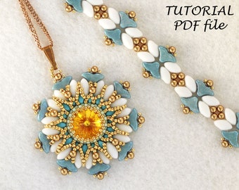 Op de afbeelding: Een kralenketting en armband set met een gouden ketting, witte en blauwe kralen en een gouden en geel middelpunt. De set ligt op een lichtgrijze ondergrond. TUTORIAL PDF file.