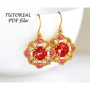 May include: A pair of gold earrings with red and white beaded designs. The earrings feature a red crystal in the center of each design. The earrings are hanging from gold hooks.  The image includes the text "TUTORIAL PDF file".