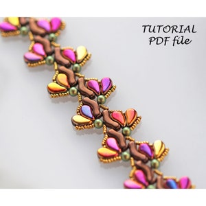 May include: A beaded bracelet with a repeating pattern of colorful teardrop-shaped beads and brown beads. The bracelet is made with a combination of gold, pink, purple, and green beads. The image includes the text "TUTORIAL PDF file".