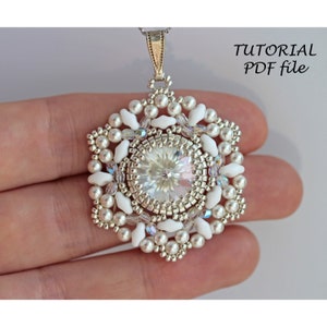 Beading tutorial pendant, Beaded pendant pattern, Rivoli Swarovski 14mm, Rivoli tutorial, Beadwork pendant, Beading pattern pendant Patricia