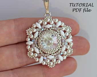 Beading tutorial pendant, Beaded pendant pattern, Rivoli Swarovski 14mm, Rivoli tutorial, Beadwork pendant, Beading pattern pendant Patricia