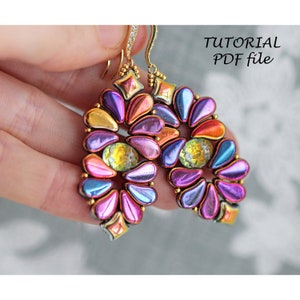 May include: A pair of colorful earrings made with iridescent glass beads in shades of pink, purple, blue, yellow, and gold. The earrings are shaped like a flower and have a gold hook.