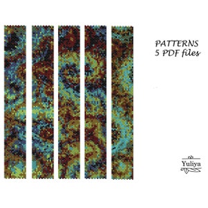 May include: Five beading patterns for a bracelet or necklace. The patterns are in a camouflage color scheme with shades of green, brown, blue, and yellow. The text "PATTERNS 5 PDF files" is at the top right of the image. The text "Yuliya" is at the bottom right of the image.