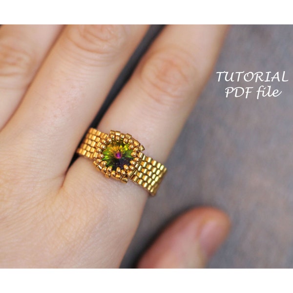 Modèle de bague perlée, tutoriel de bague Rivoli, tutoriel de point Peyote, modèle ss39 ~ tutoriel Rivoli 8mm Swarovski, modèle de bague de perles de rocaille Bonnie