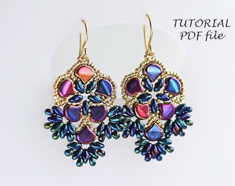 Perlen Ohrringe Tutorial Ginko SuperDuo Beads Schmuck Muster Fädelanleitung DIY Design Schritt-für-Schritt-Anleitung Vorlage PDF Flora