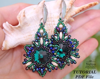 Rivoli earrings tutorial, Beaded earrings pattern, Swarovski tutorial, Bead rivoli pattern, SuperDuo beadwork pattern earrings Sea miracle