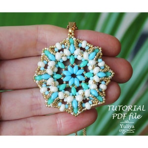 Beaded pendant tutorial, Bead pendant tutorial, Bead woven pendant tutorial, Beadwork tutorial, SuperDuo, Beading tutorial pendant Turquoise