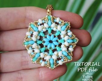 Beaded pendant tutorial, Bead pendant tutorial, Bead woven pendant tutorial, Beadwork tutorial, SuperDuo, Beading tutorial pendant Turquoise