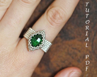 Bead Ring Tutorial Pattern Peyote Design 4230 Swarovski Stone Step-by-Step Beading Instructions Seed Bead Jewelry Guide Ring Lemon PDF