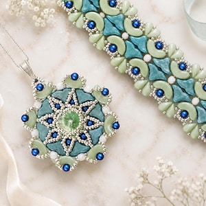 Beaded Jewelry Set Tutorial Rivoli Pendant Bracelet Pattern Helios Arcos par Puca DropDuo Fire Polish Beadwork PDF Photo Instructions Spring