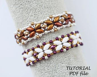 Tutorial de miçangas, padrão de pulseira IrisDuo Mini DiamonDuo, instruções passo a passo para joias, guia de design de miçangas com dois furos, Iris PDF