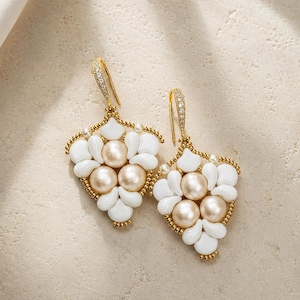 Beaded Earrings Pattern ZoliDuo Ginko Cotton Pearls 8mm Bead Weaving Tutorial Step by Step Photo Instructions Digital PDF DIY Jewelry Emily