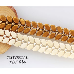 May include: Two beaded bracelets. One is gold with leaf-shaped beads and small gold beads. The other is off-white with leaf-shaped beads and small white beads. The text "TUTORIAL PDF file" is in the lower left corner.