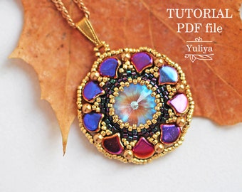 Beaded Pendant Tutorial Rivoli Swarovski Ginko Beads Step-by-Step Jewelry Instructions Bead Weaving Pattern Design Guide Autumn Leaves PDF