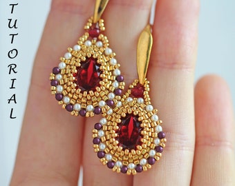 Beaded Earrings Tutorial Rivoli Swarovski Tear Drop Beads Bead Weaving Jewelry Pattern DIY Red Statement Design Instructions Scarlet