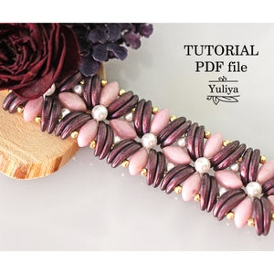 Padrão de pulseira de miçangas Crescent IrisDuo Beads Instruções passo a passo para joias Guia de design de miçangas Tutorial faça você mesmo Rosa e Lilás PDF