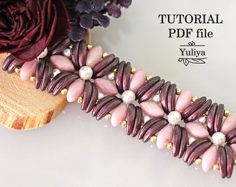 Bead Weaving Bracelet Pattern Crescent IrisDuo Beads Step-by-Step Jewelry Instructions Beaded Design Guide DIY Tutorial Rose&Lilac PDF