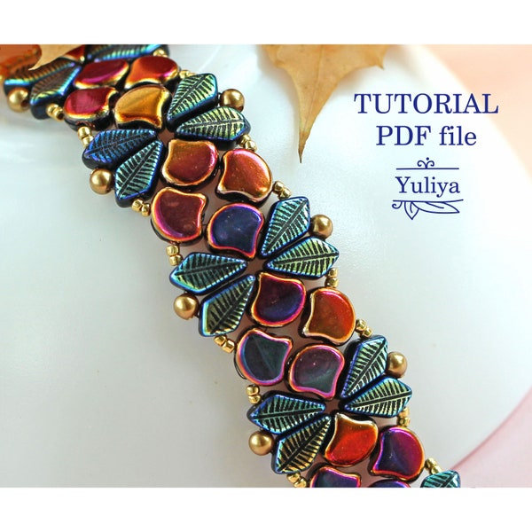 Beading pattern bracelet, Ginko, Kite bead tutorial, Bead weaving tutorial; Simple, Easy two hole beaded bracelet tutorial Autumn Leaves