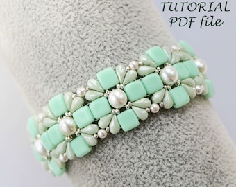 Tutorial per bracciale di perline, modello Czech Tile DropDuo Beads, istruzioni passo passo per la tessitura di perline, guida alla progettazione di gioielli, Freshness PDF