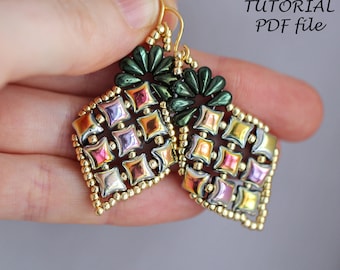 Beaded earrings tutorial; WibeDuo pattern, Earrings tutorial; Bead earring tutorial; DropDuo tutorial, Beading tutorial earrings Pineapple