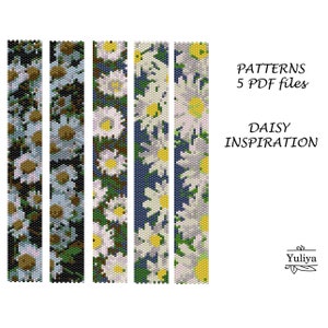 Puede incluir: Cinco patrones de abalorios diferentes con margaritas en varios colores, incluyendo blanco, amarillo, verde y azul. Los patrones están etiquetados como "Daisy Inspiration" y "PATTERNS 5 PDF files".