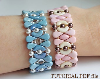 Patrón de pulsera de cuentas con dos agujeros, tutorial de abalorios DIY, instrucciones paso a paso de Puca Design, guía de pulseras hechas a mano Sandra PDF