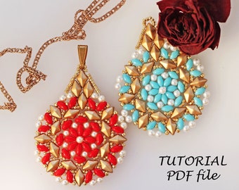 Tutorial de colgante de cuentas con cuentas SuperDuo DiamonDuo, instrucciones de diseño de joyería DIY, guía paso a paso de abalorios en PDF, festival