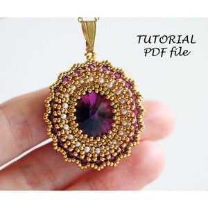 Pendant Tutorial Bead Rivoli Pattern Oval 18x13.5mm Design Step-by-Step Beading Instructions Jewelry Guide Beaded Pendant Pattern Amethyst